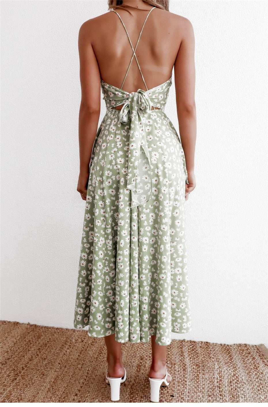 Boho Midi Dress, Strappy Sundress Emilie in Floral Green