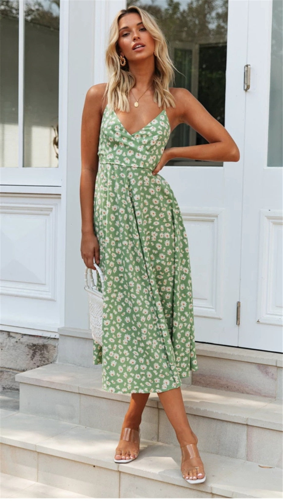 Boho Midi Dress, Strappy Sundress Emilie in Floral Green