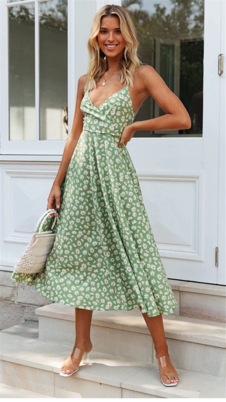 Boho Midi Dress, Strappy Sundress Emilie in Floral Green