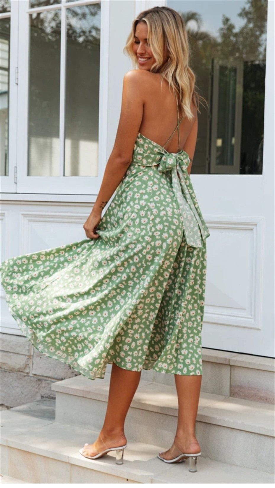 Boho Midi Dress, Strappy Sundress Emilie in Floral Green