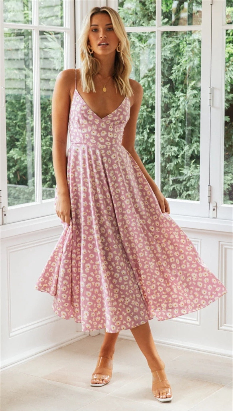 Boho Midi Dress, Strappy Sundress Emilie in Floral Purple