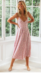Boho Midi Dress, Strappy Sundress Emilie in Floral Purple