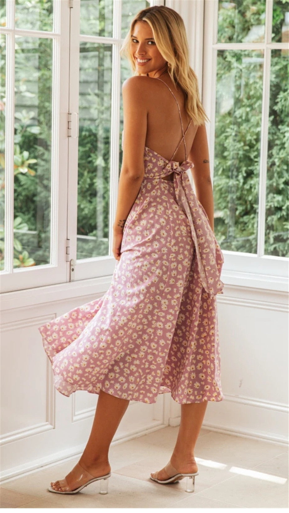 Boho Midi Dress, Strappy Sundress Emilie in Floral Purple