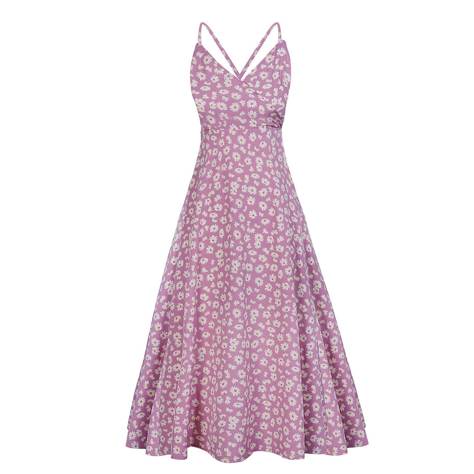 Boho Midi Dress, Strappy Sundress Emilie in Floral Purple