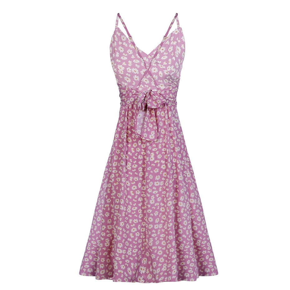 Boho Midi Dress, Strappy Sundress Emilie in Floral Purple