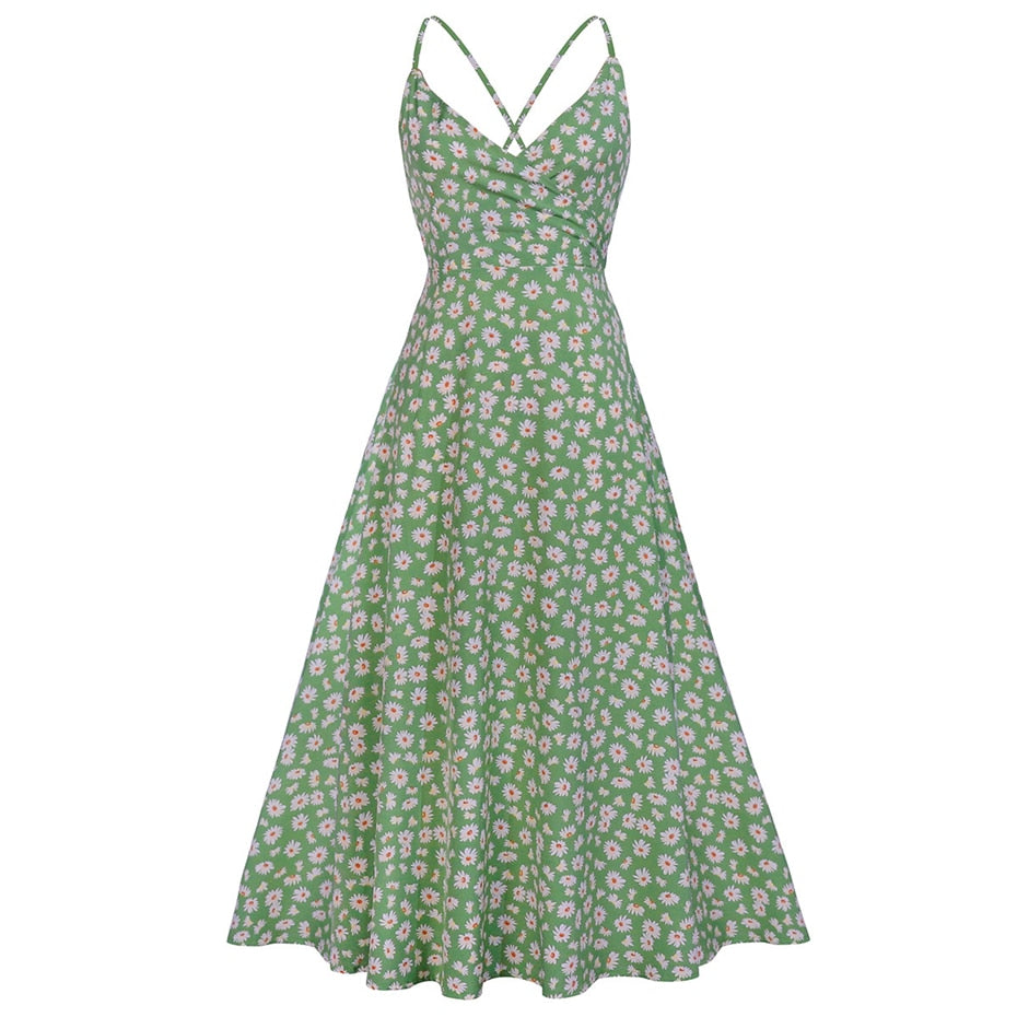 Boho Midi Dress, Strappy Sundress Emilie in Floral Green