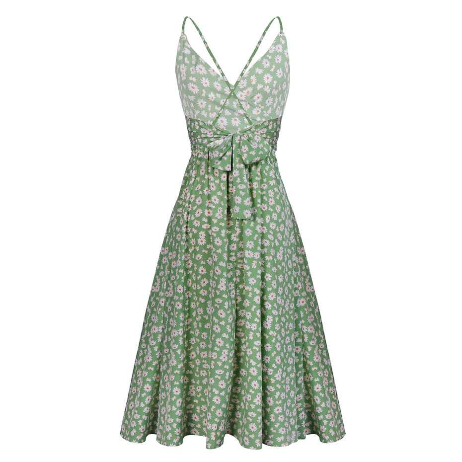 Boho Midi Dress, Strappy Sundress Emilie in Floral Green