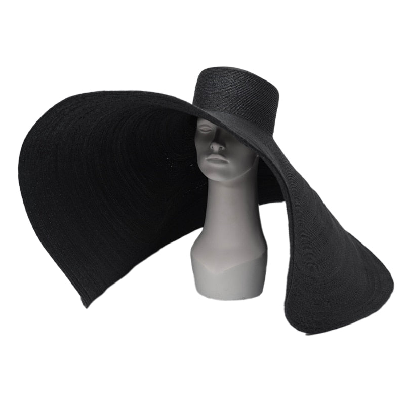 Boho Hat, Beach Hat, Extra Wide Brim Straw Hat, Anna Breeze in Black and Beige, High Quality (Straw, 35 cm)