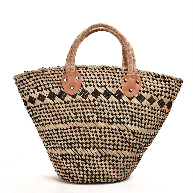 Boho Bag, Woven Straw Basket Bag, Rattan Bag, Blue Wave