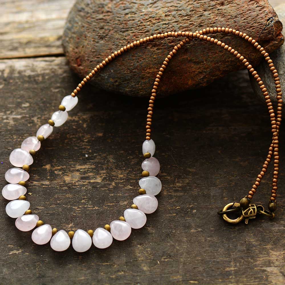 Boho Necklace, Blue Amazonite, Seed Beads Rose Quartz