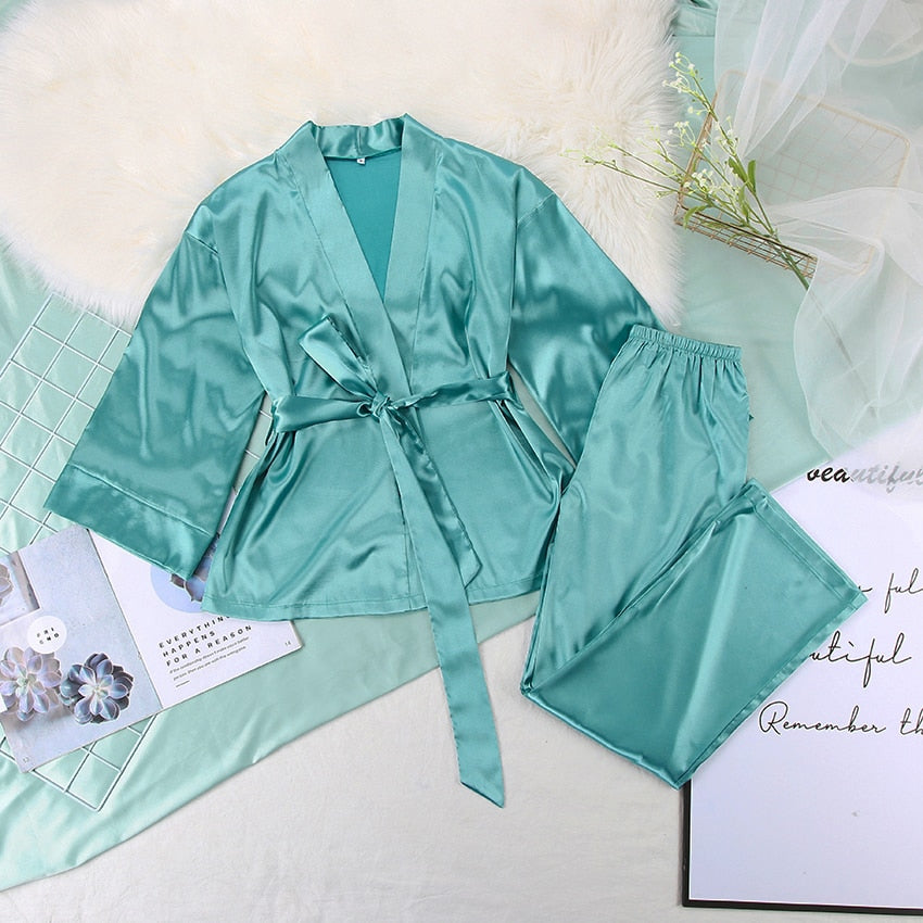 Boho Pajamas, Pajamas Sets for Women, PJ Satin Clementine in Blue and Green