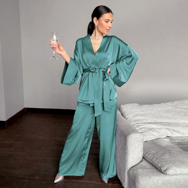 Boho Pajamas, Pajamas Sets for Women, PJ Satin Clementine in Blue and Green