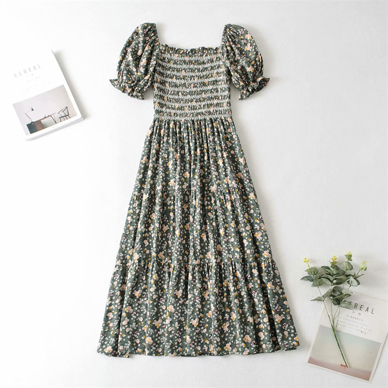Boho Midi Dress, Sundress, Puff Junifer Green