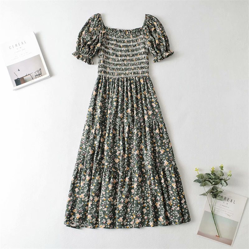 Boho Midi Dress, Sundress, Puff Junifer Green