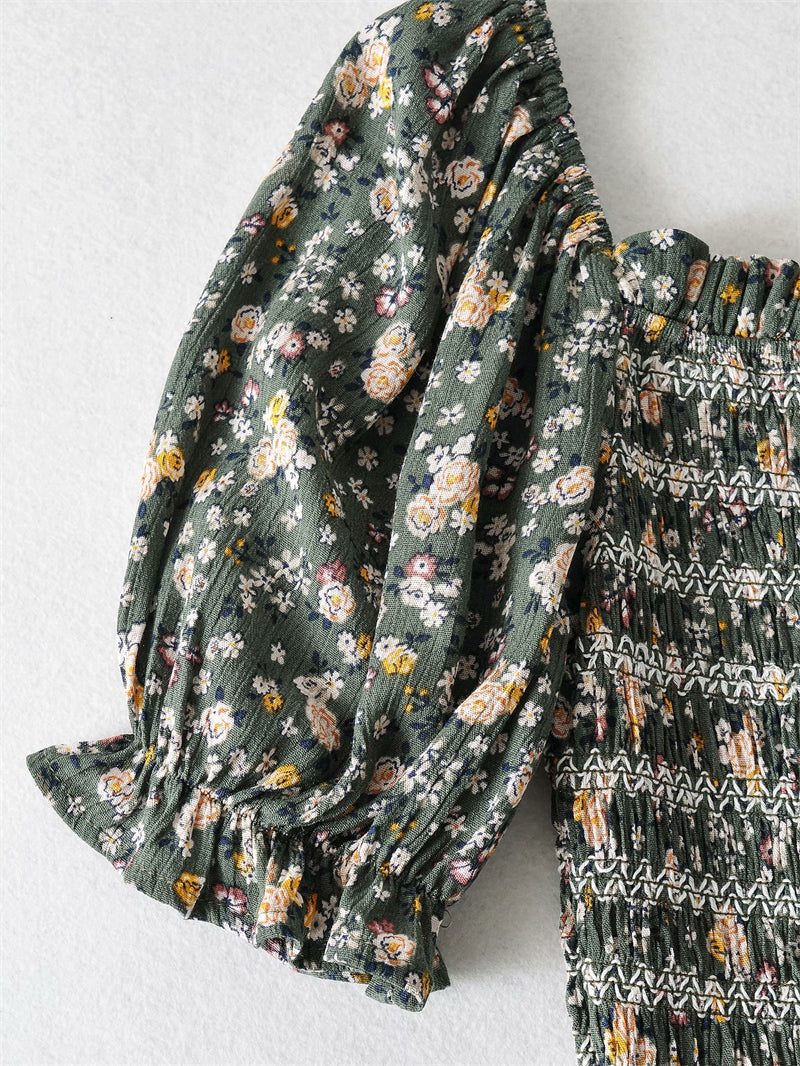 Boho Midi Dress, Sundress, Puff Junifer Green