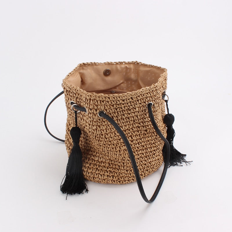Boho Bag, Woven Straw Rope Bag, Brown Leisure Bucket bag