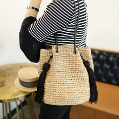 Boho Bag, Woven Straw Rope Bag, Brown Leisure Bucket bag