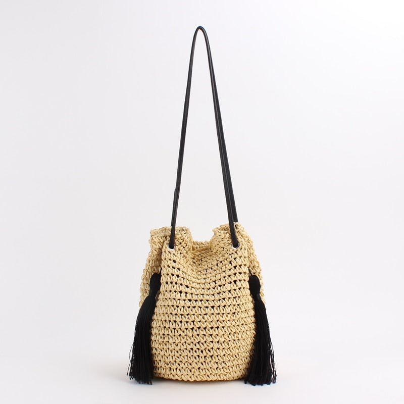 Boho Bag, Woven Straw Rope Bag, Brown Leisure Bucket bag