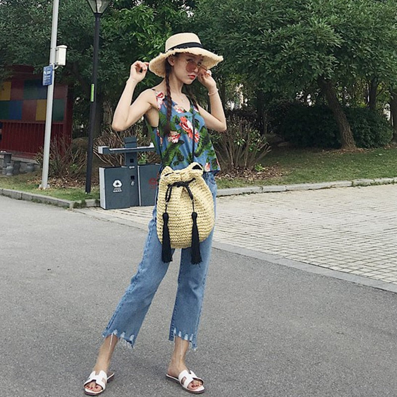 Boho Bag, Woven Straw Rope Bag, Brown Leisure Bucket bag