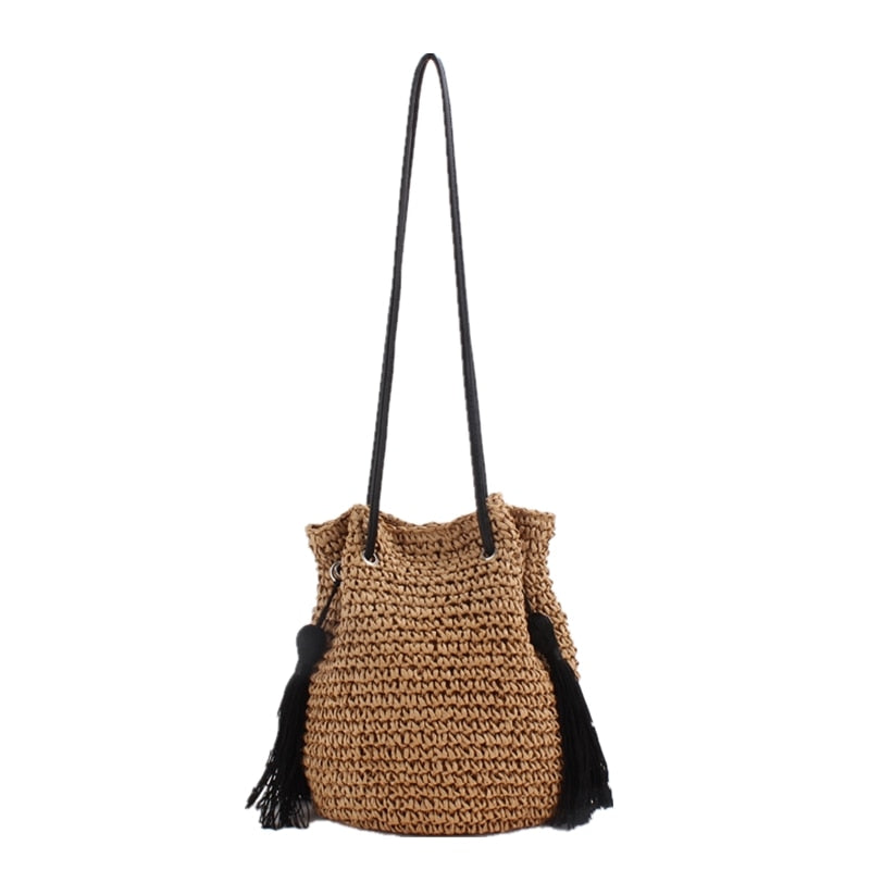 Boho Bag, Woven Straw Rope Bag, Brown Leisure Bucket bag