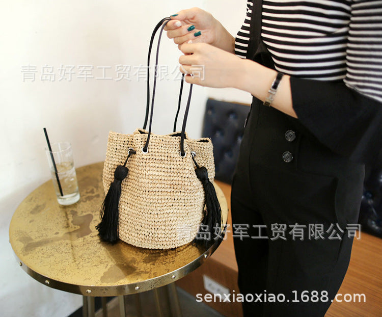 Boho Bag, Woven Straw Rope Bag, Brown Leisure Bucket bag
