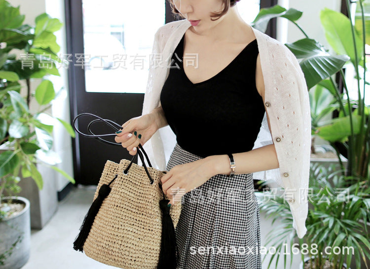 Boho Bag, Woven Straw Rope Bag, Brown Leisure Bucket bag