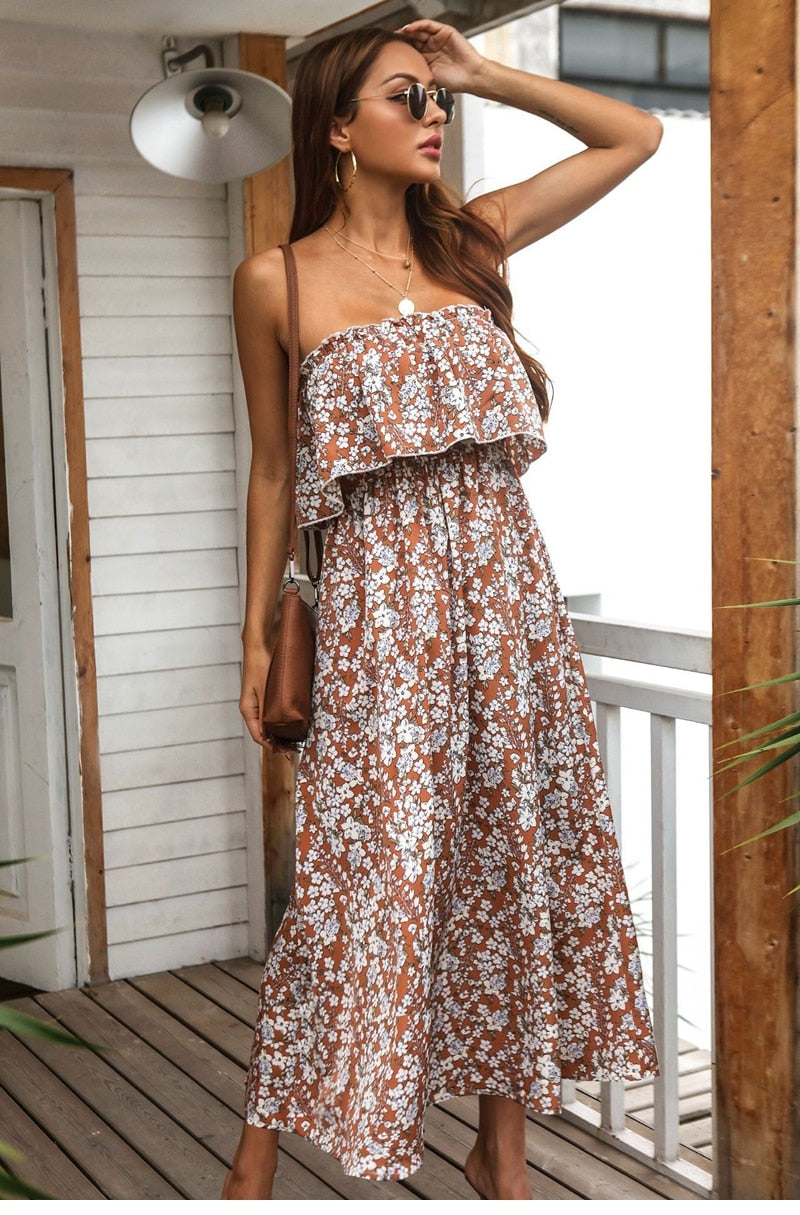 Boho Maxi Dress, Sundress, Urban in Floral Brown