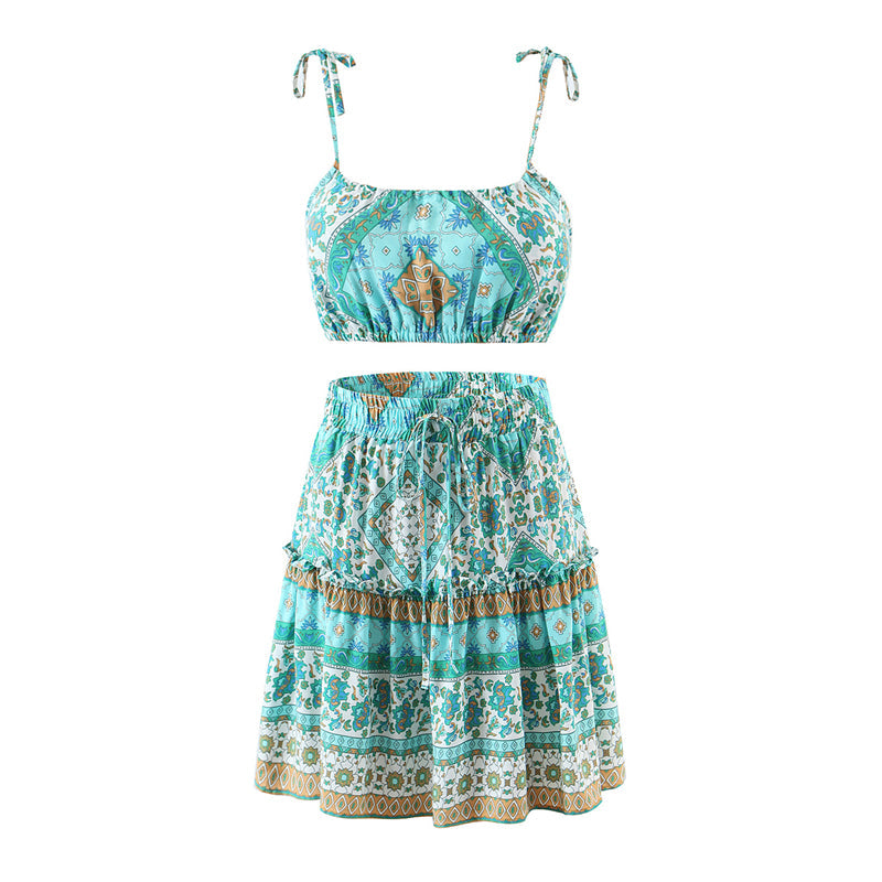 Boho Two Piece Set, Crop Top and Skirt, Oceane Square Mint