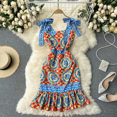 Vintage Dress, Boho Midi Dress, Retro Dress, Blue Coco