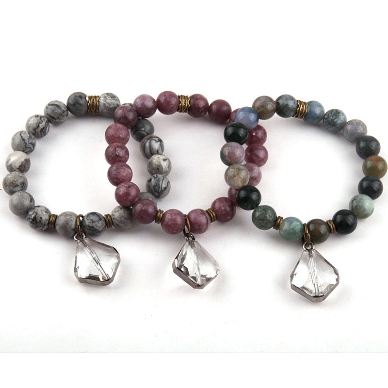 Boho Bracelet, RH Yoga Bracelet, Natural Stone with Glass Crystal