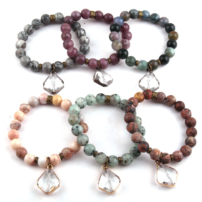 Boho Bracelet, RH Yoga Bracelet, Natural Stone with Glass Crystal
