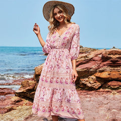 Boho Midi Dress, Sundress, Viola in Pink Rose