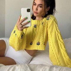 Boho Sweater, Retro Knit Sweater, Canary in Yellow