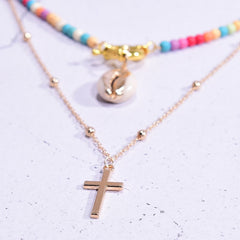 Boho Necklace, Seed Bead Choker, 2 Layers Cross & Shell