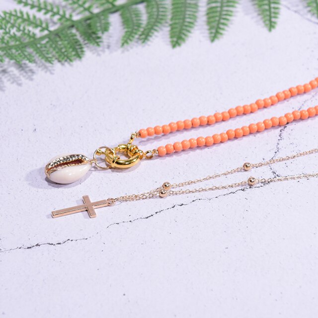 Boho Necklace, Seed Bead Choker, 2 Layers Cross & Shell