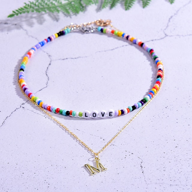 Boho Personalized Custom Necklace, Seed Bead 2 Layered Choker, Love Lucky Happy