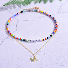 Boho Personalized Custom Necklace, Seed Bead 2 Layered Choker, Love Lucky Happy