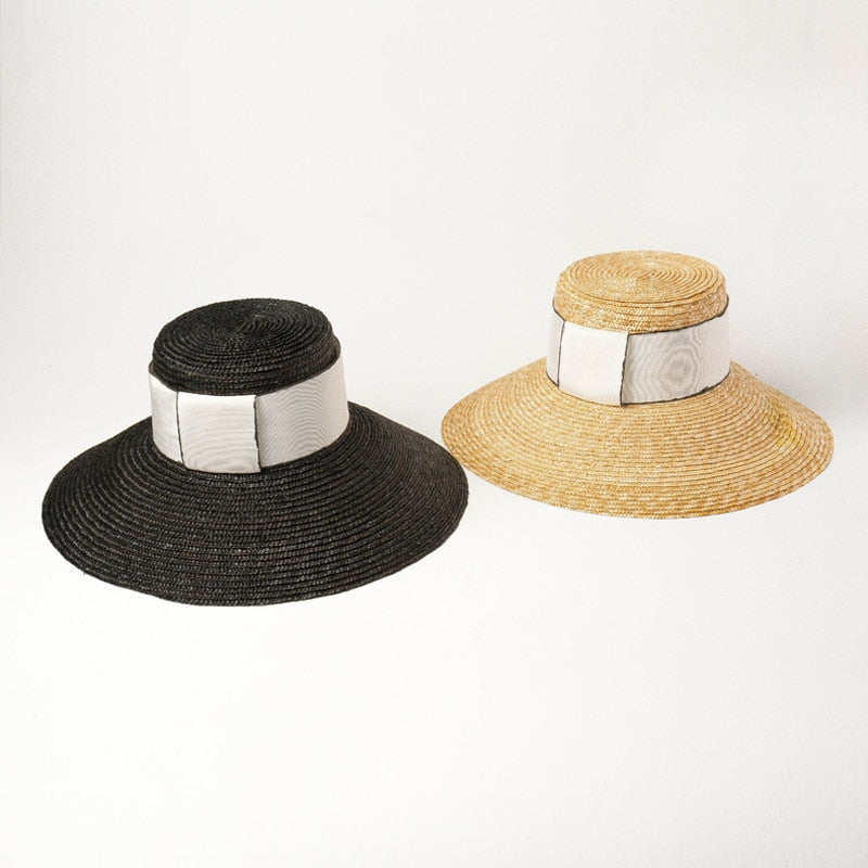 Boho Hat, Beach Sun Hat, Retro Straw Hat Anna with Ribbon  Beige and Black