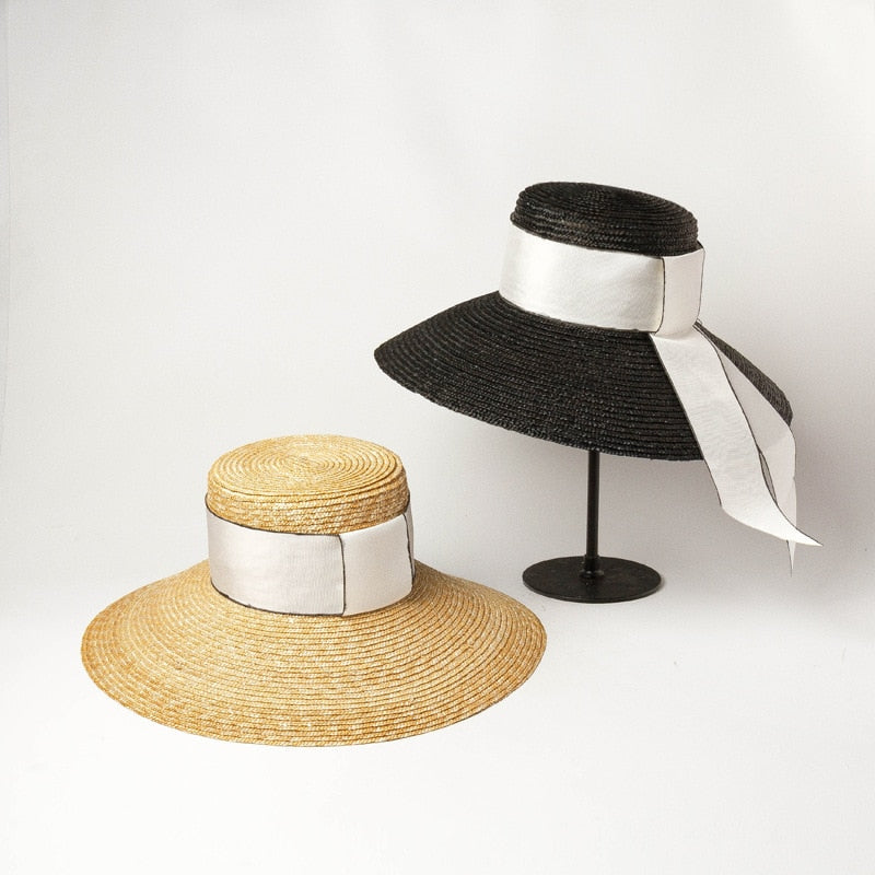 Boho Hat, Beach Sun Hat, Retro Straw Hat Anna with Ribbon  Beige and Black