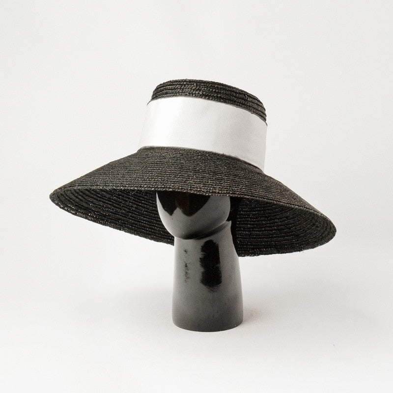 Boho Hat, Beach Sun Hat, Retro Straw Hat Anna with Ribbon  Beige and Black