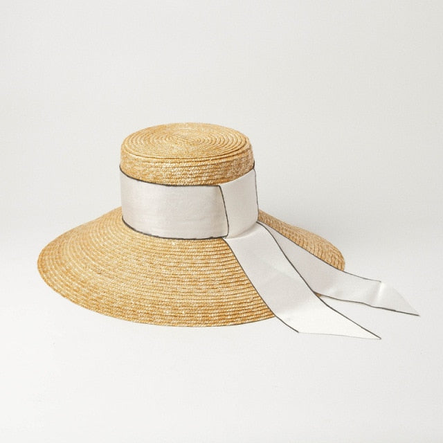 Boho Hat, Beach Sun Hat, Retro Straw Hat Anna with Ribbon  Beige and Black