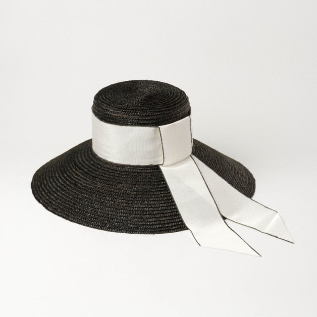 Boho Hat, Beach Sun Hat, Retro Straw Hat Anna with Ribbon  Beige and Black