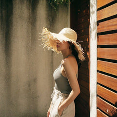 Boho Hat, Sun Beach Hat, Fringed Wide Brim Straw Hat, Fleur in Beige