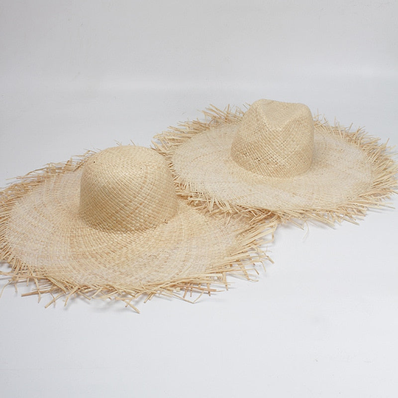 Boho Hat, Sun Beach Hat, Fringed Wide Brim Straw Hat, Fleur in Beige