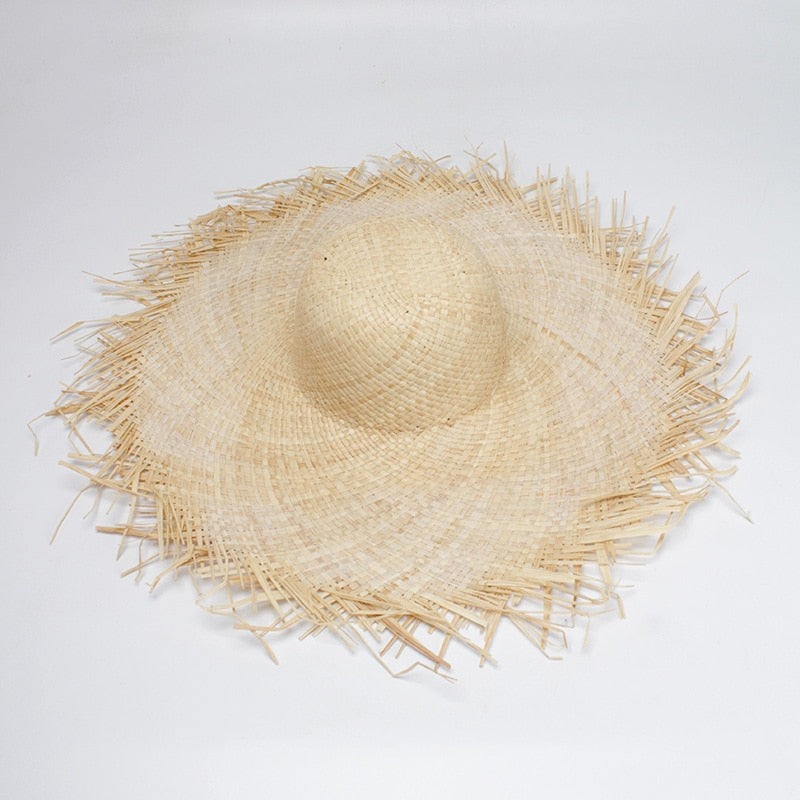 Boho Hat, Sun Beach Hat, Fringed Wide Brim Straw Hat, Fleur in Beige