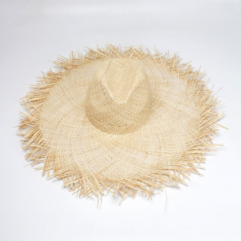 Boho Hat, Sun Beach Hat, Fringed Wide Brim Straw Hat, Fleur in Beige