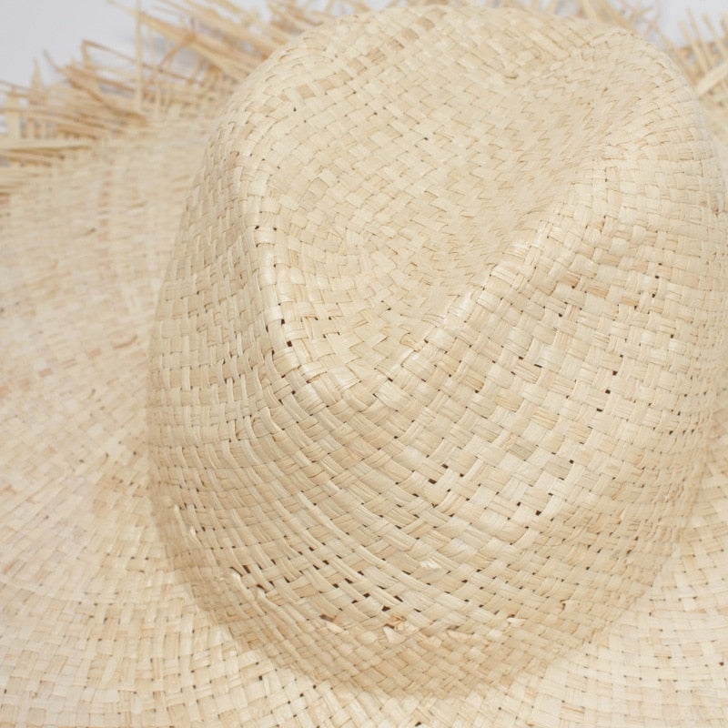Boho Hat, Sun Beach Hat, Fringed Wide Brim Straw Hat, Fleur in Beige