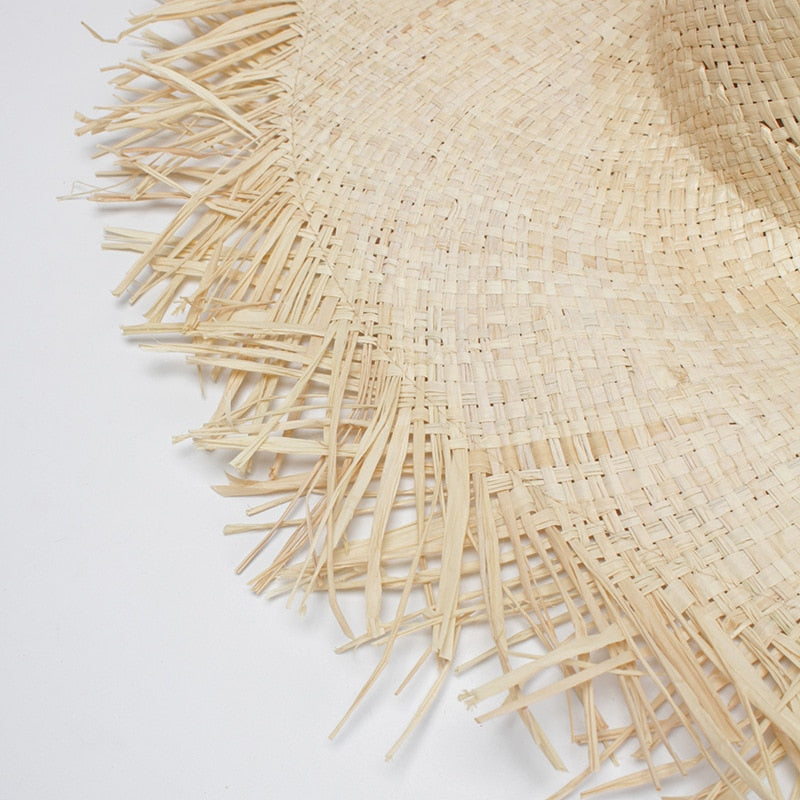 Boho Hat, Sun Beach Hat, Fringed Wide Brim Straw Hat, Fleur in Beige