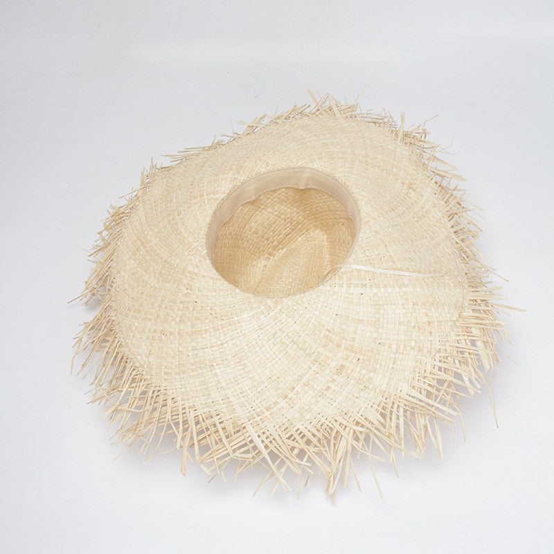 Boho Hat, Sun Beach Hat, Fringed Wide Brim Straw Hat, Fleur in Beige