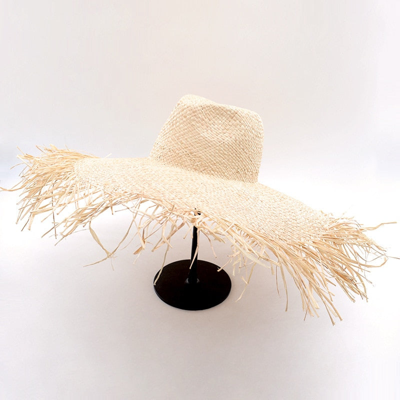 Boho Hat, Sun Beach Hat, Fringed Wide Brim Straw Hat, Fleur in Beige